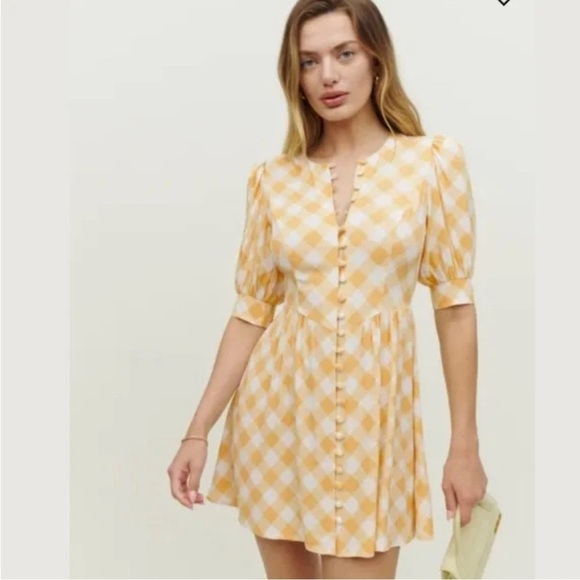 Reformation NEW Laylin Dress in Bodie Yellow Check Checkered Mini NWT 4 - Picture 1 of 11